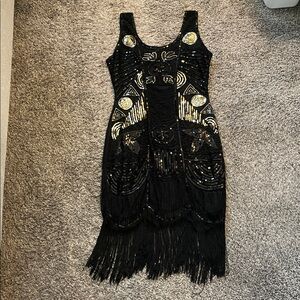 Unique Vintage Black Mini Dress with Gold Beading and Fringe